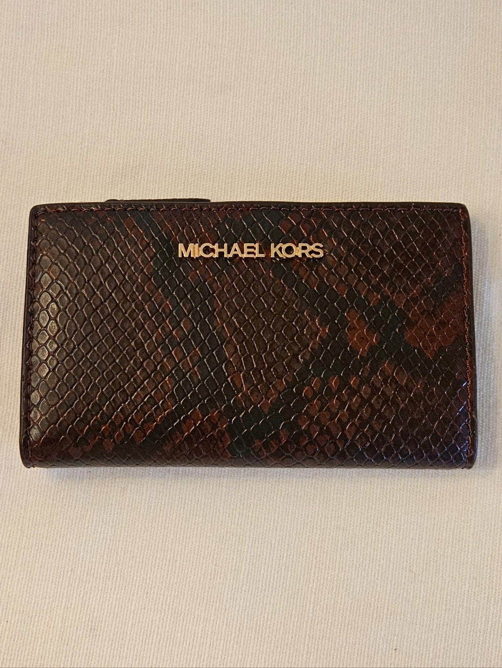 Michael Kors Burgundy Snake-Embossed Leather Wallet with Gold Logo